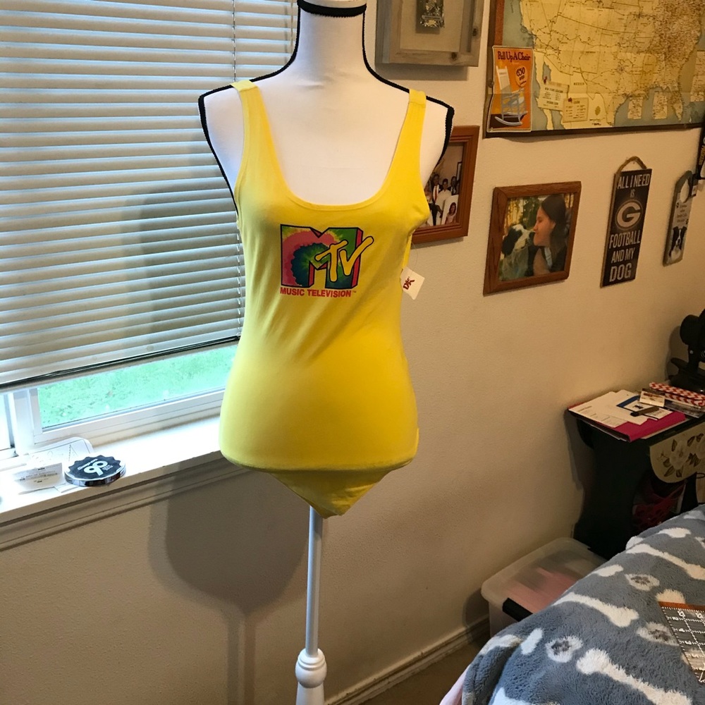 NWT MTV bodysuit by Viacom 2019 M yellow tie-dye